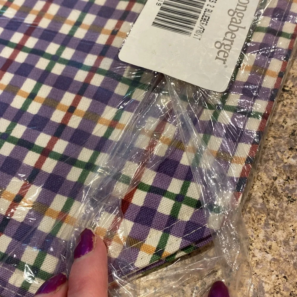 NIP Longaberger 2 Fabric Placemats Blueberry Plaid / Fruit Medley